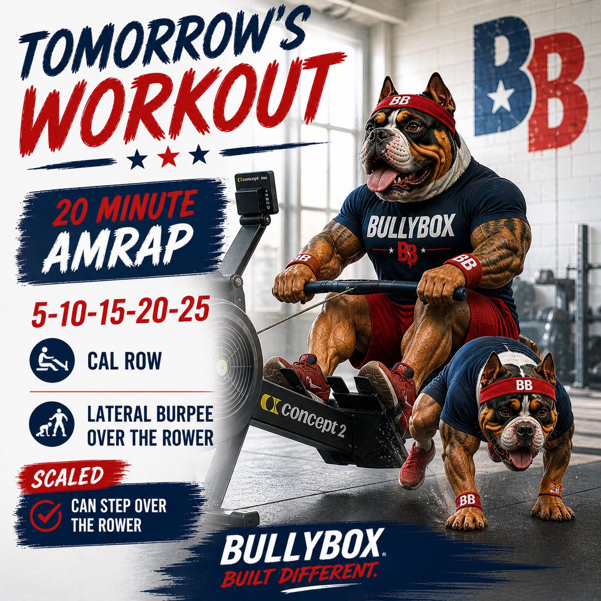 BullyBoxProgram's tweet photo. Taking on a BCS workout tomorrow! How far do you think yall will get?!

Workout
20 Min AMRAP
5-10-15-20-25…
Cal Row
Lateral Burpee Over Rower

Scaled
Step over the rower instead of jumping

https://t.co/9o6IKRwCuU

#crossfit #programming #workout #fitness #hybrid https://t.co/rfx1B8Hq4F