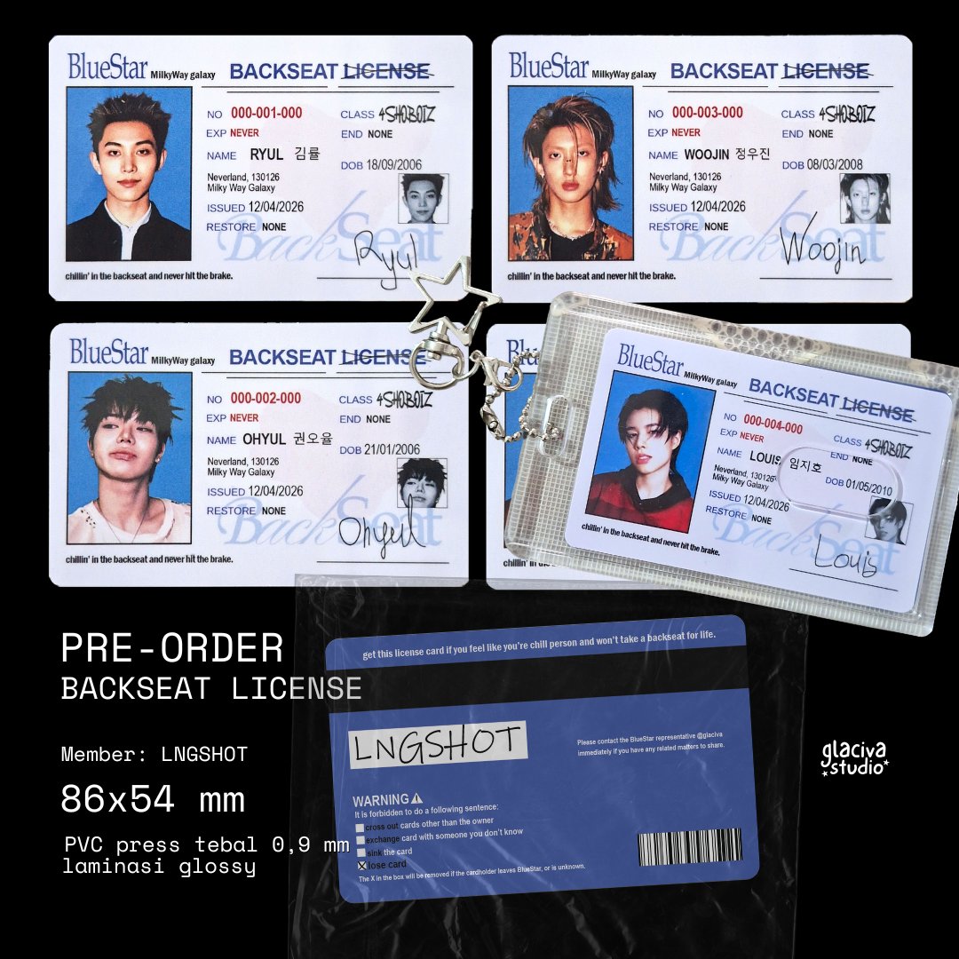 glaciva's tweet photo. [🩷&amp; 🔁 are very appreciated!]    

OPEN pre-order ⋆｡𖦹°⭒˚｡⋆

LNGSHOT backseat license by 
@glaciva
 
periode: 4-10 May 2026

details on form below: 
🔗https://t.co/hDdzLGNb84

tags. 4shoboiz idcard pvc fanmade freebies khh https://t.co/U2qvb8N4mN