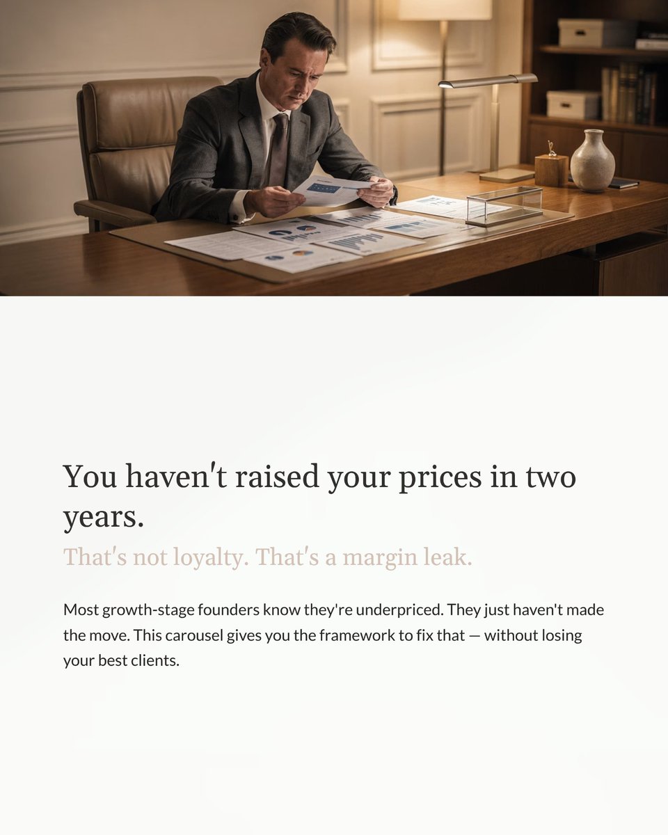 Illiyanna7's tweet image. Prices haven't moved in 2 years? That’s not loyalty. It’s a margin leak.

Costs are up 15% and rates are flat? You took a pay cut. Pricing is a leadership decision.

I help firms build financial systems that scale. DM me to talk.

#CEO #Scaleup #PricingStrategy