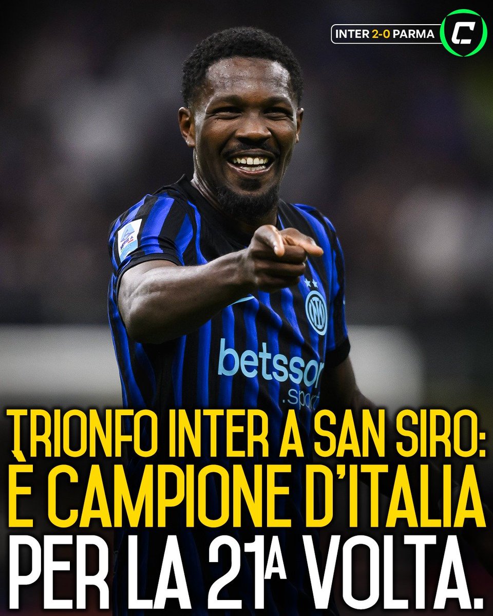 CronacheTweet's tweet photo. L'INTER È CAMPIONE D'ITALIA PER LA 21ª VOLTA NELLA SUA STORIA 🔥🇮🇹

A 3 giornate dalla fine arriva l'aritmetica grazie ai gol di Thuram e Mkhitaryan: il Napoli a -12 non può più rimontare. Il 21º scudetto arriva in casa: non succedeva addirittura dal 1989. Si chiude così una stagione dominata: l'Inter è capolista solitaria addirittura dalla 15ª giornata. E da lì non si è più guardata indietro.

È il primo scudetto della carriera di Chivu, che centra l'obiettivo alla prima vera stagione completa da allenatore: non succedeva dai tempi di Capello col Milan nel 1992. L'Inter ha per distacco la miglior differenza reti (+51) e il miglior attacco (82) 👏
