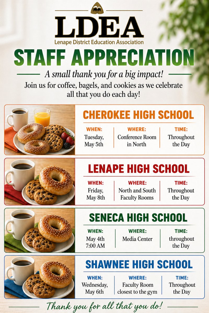 LDEA_NJ's tweet image. Happy #EducatorAppreciationWeek!
As a small token of our appreciation, the union is providing bagels, coffee, &amp;amp; cookies at each work site this week.
If you filled out the form, your free quarter zip will also be distributed.
 #UnionStrong #ThankATeacher