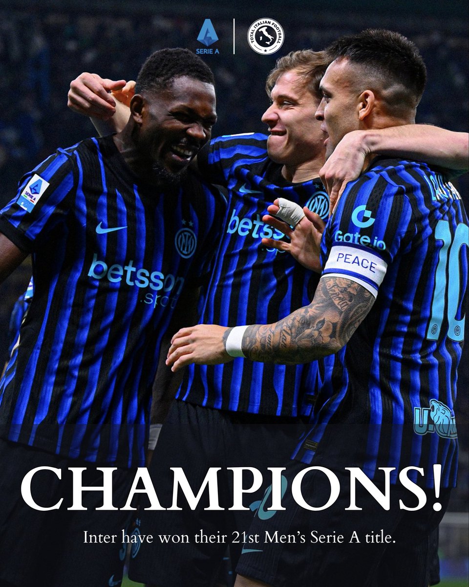 SerieATotal's tweet image. 𝐂𝐇𝐀𝐌𝐏𝐈𝐎𝐍𝐒 𝐎𝐅 𝐈𝐓𝐀𝐋𝐘! 🏆🇮🇹

Inter are Italian champions, reclaiming the crown from Napoli and winning their 21st Men’s Serie A title.

#Inter #SerieA #Calcio #Nerazzurri #italianfootball