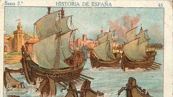 RBEZZATO's tweet image. #Efemérides. El 03 de Mayo de 1248, en el marco de la Reconquista de Sevilla, la flota cántabra remonta el río Guadalquivir para destruir el Puente de Barcas, que facilitaba la llegada de suministros a la ciudad. Los defensores lo protegen con flechas y fuego griego.