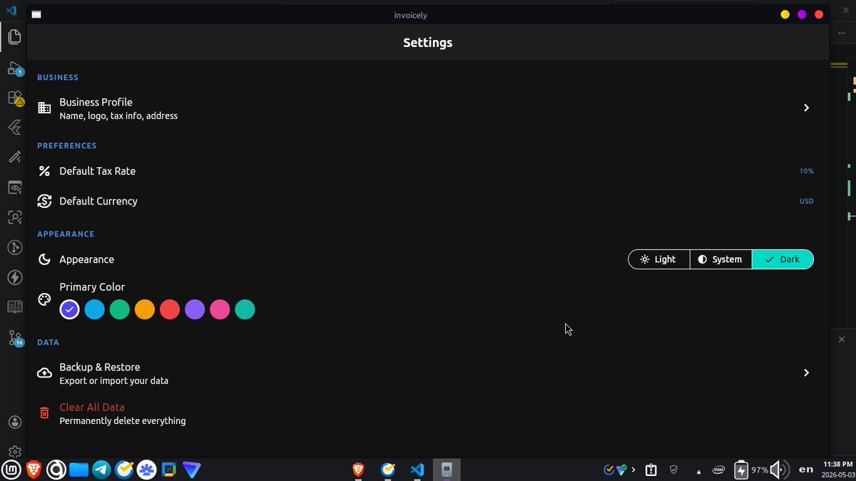 Alwaleedev's tweet image. #100daysofcode #برمجة #تعلم_برمجة
اليوم 21:انهيت القسم الاكبر من واجه الاعدادات والي فيها من تحديد نسبة ضريبه ثابته مسبقا مع انشاء حساب شخصي للشغل من اسم وموقع وعنوان وووو، بكرا بس بدي ضيف ميزة تغير اللون الرئيسي للتطبيق وبتكون تقريبا انهينا جزء كبير جدا يبقى تصدير الى CSV/Excel