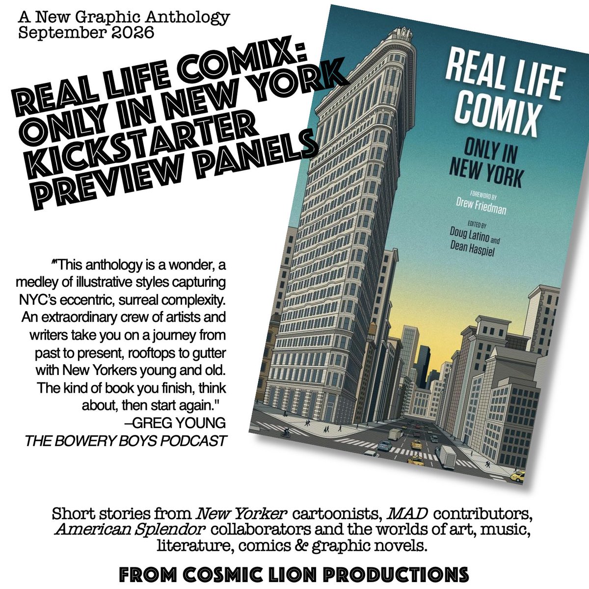 DougLatino's tweet photo. Final stretch: Real Life Comix: Only in New York is at 95% with the @Kickstarter ending Tues PM/Weds AM
51 true tales, from #NewYorker, @MADmagazine & #AmericanSplendor artists.
Thanks to @BoweryBoys it means a lot coming from someone who knows NYC stories inside & out! https://t.co/EGayFgM6F6