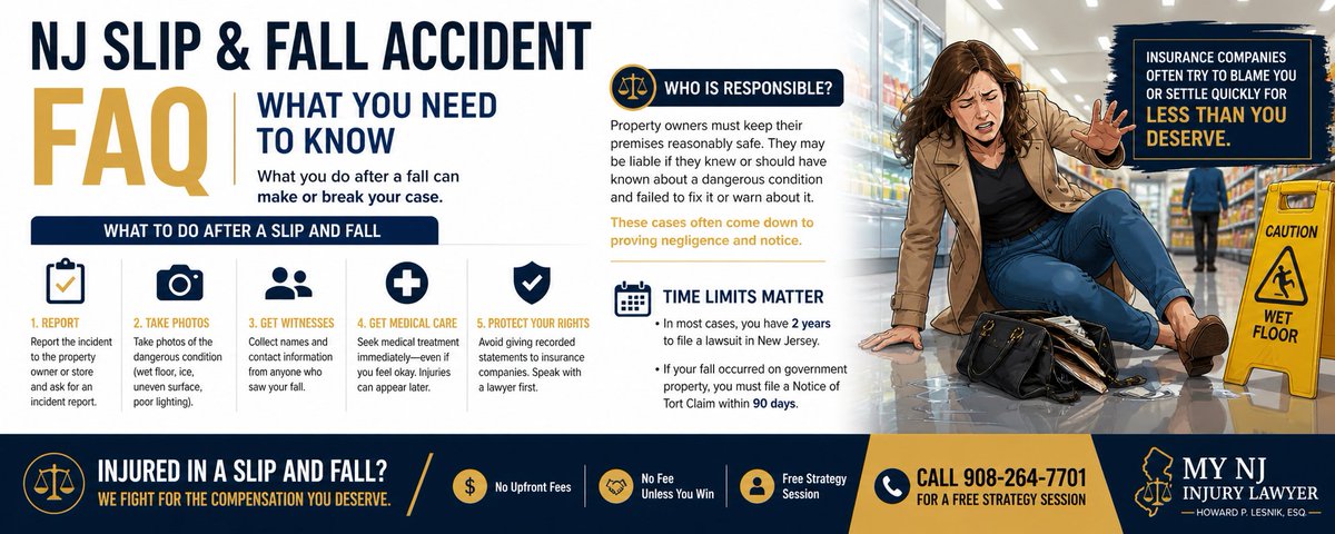 lesniklaw's tweet photo. **⚠️ NJ Slip & Fall Accident FAQ – What You Need to Know**

If you’ve been injured in a slip and fall in New Jersey, the steps you take immediately after the accident can directly impact your ability to recover compensation.

✔ **Report the incident** to the property owner, store manager, or landlord and ask for an incident report
✔ **Take photos and videos** of the dangerous condition (wet floors, ice, snow, uneven surfaces, poor lighting)
✔ **Collect witness information** if anyone saw the fall
✔ **Seek medical treatment right away**, even if you feel okay—many injuries appear hours or days later

Property owners in New Jersey have a legal duty to maintain reasonably safe conditions. If they knew—or should have known—about a dangerous condition and failed to fix or warn about it, they may be held responsible for your injuries.

Slip and fall cases often involve **proving negligence and notice**, which is why documentation and early action are critical.

⚠️ **Important:** Insurance companies may try to blame you, request recorded statements, or offer quick settlements that do not reflect the true value of your case.

You have **2 years** to file a claim in New Jersey. However, if your fall occurred on government property, you must file a **Notice of Tort Claim within 90 days**.

📞 If you’ve been injured, contact **My NJ Injury Lawyer – Howard P. Lesnik, Esq.