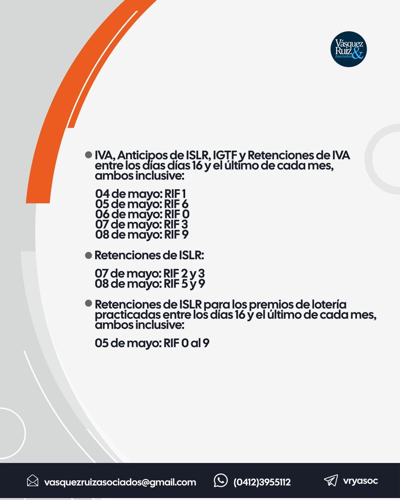 vryasoc's tweet photo. Éstas son las fechas de declaración y pago para Sujetos Pasivos Especiales para la semana del 04 de mayo 2026 al 08 de mayo 2026.

#EsperamosSerleDeUtilidad #contadores #CalendarioFiscal  #contabilidad #SENIAT #Caracas #Venezuela https://t.co/JW9MqSXNuX