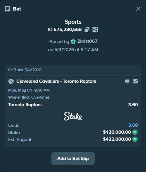 stakehighroller's tweet image. Brave call — $120,000 on Cleveland Cavaliers - Toronto Raptors at 3.60.

Fade or tail: stake.com/sports/home?ii…

#Basketball #NBA