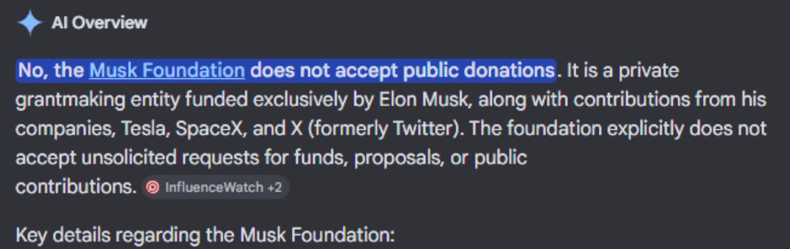 369devv's tweet photo. I’ve noticed a lot of charity coins claim to support the Musk Foundation, but the foundation doesn’t actually accept external donations.

So instead, I asked Grok what causes Elon Musk seems to prioritize most:

https://t.co/pX2ZvUov9d

- Sustainable energy
- Making humanity multi-planetary
- AI development
- Supporting free speech

The idea is to direct fees toward initiatives aligned with the areas Elon cares about most.