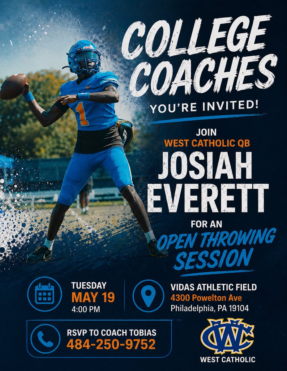 jojoeverett4's tweet photo. College coaches, come join me and my coaches @CoachDrich215 and @PFCoachTobias for an open throwing session at West Catholic on May 19th! @syamirjackson18 @KennyStokes @Ty1wilkins @cantholdty @malikj1_ @taahirs3_ https://t.co/8VgNJW9CzJ