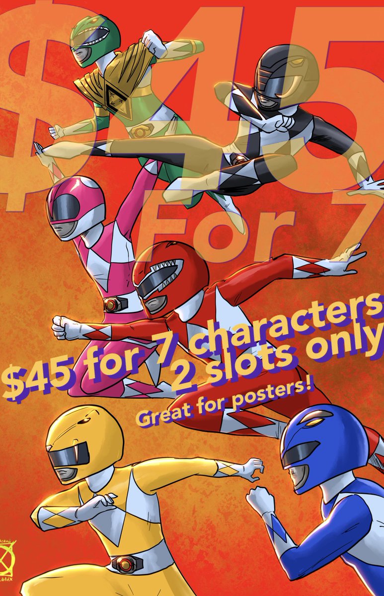 the_artofX's tweet photo. $45 for 7 promo! EXTREMELY limited. Great for poster art (but can be individual pieces) $45 for 6 character ms flat rate for only two slots!!! https://t.co/mYWD8bpHnh