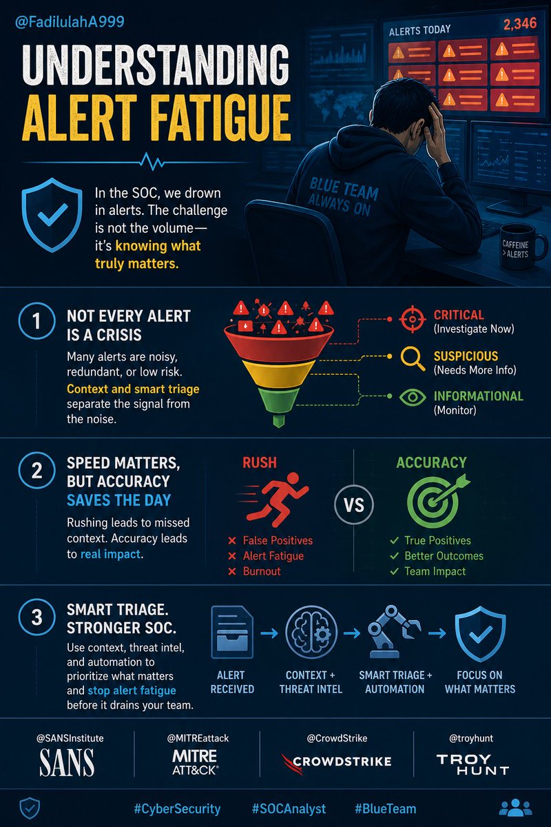 FadilulahA999's tweet image. Day 18 of my cyber security journey 
Understanding alert fatigue.
Not every alert is a crisis — context and smart triage are everything in SOC life.
Speed matters,but accuracy saves the day
@SANSInstitute @MITREattack @CrowdStrike @troyhunt
#CyberSecurity #SOCAnalyst #BlueTeam