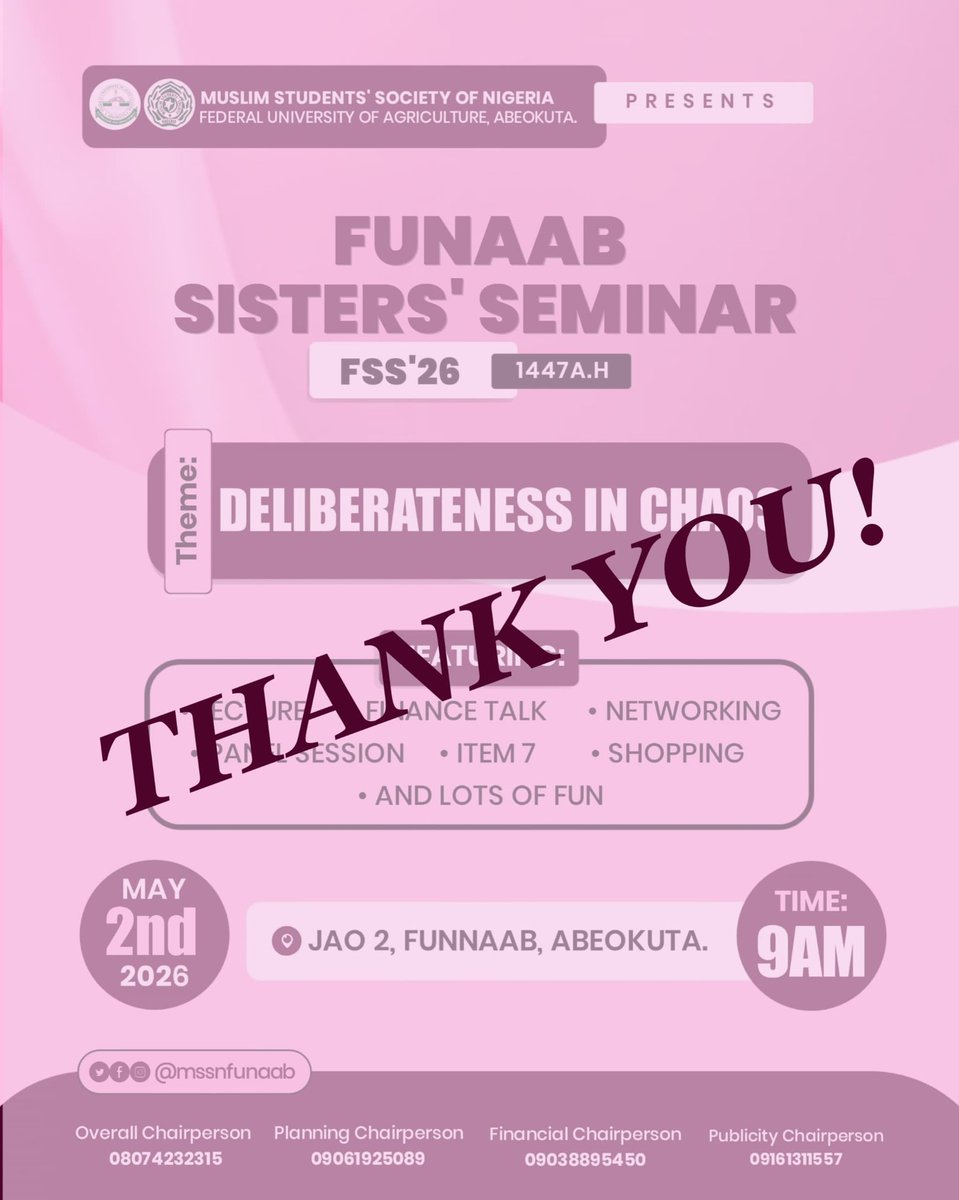 MSSNFunaab's tweet photo. Alhamdulillah, FSS’26 was a success because of you.

To our amazing sisters, respected lecturers, inspiring panelists, and every single person who showed up, thank you for being part of this experience.

And to everyone who donated as much as a penny, you're deeply appreciated. https://t.co/dbP7gylSEq