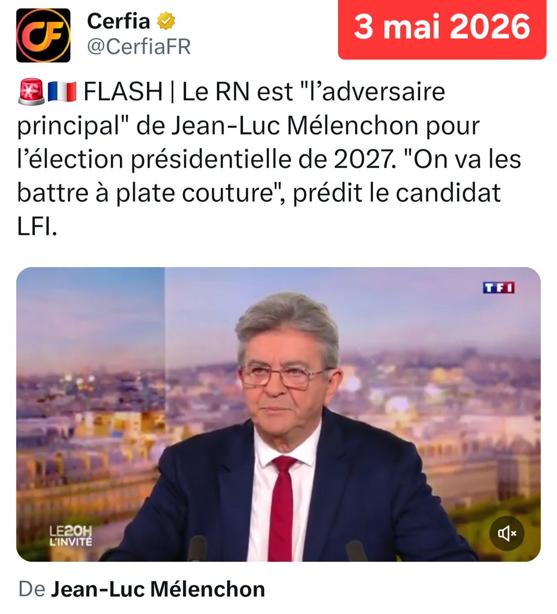 🟥 MÉLENCHON S'APPRÊTE DÉJÀ
À FAIRE ÉLIRE PHILIPPE (ou ATTAL)
Aimablement invité au TF1-20H (tous les candidats n'y ont pas droit...) pour annoncer pour la 4e fois sa candidature à une élection présidentielle, le chef de LFI a tenu à souligner que le RN sera son "adversaire