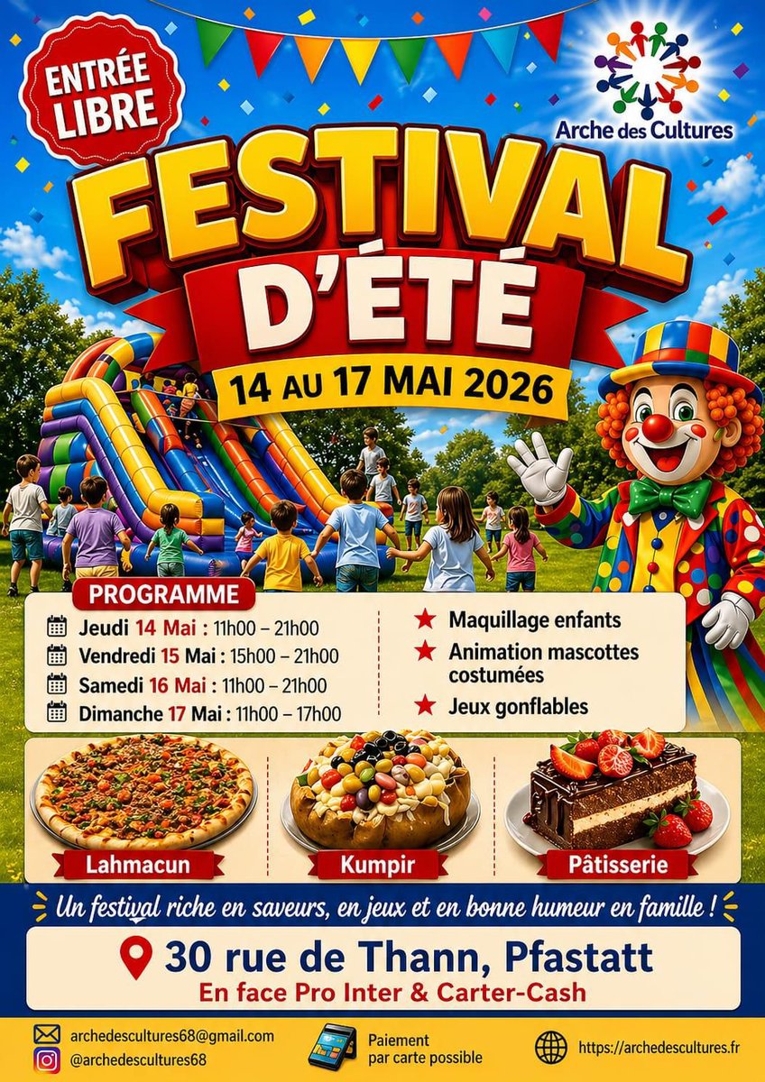 adc_68's tweet photo. 🎉 Festival d’Été 2026 à Pfastatt !
👨‍👩‍👧‍👦 4 jours de fun en famille
🎪 Jeux, mascottes, musique
🍽️ Spécialités maison
📍 30 rue de Thann
🎟️ Entrée gratuite
🔥 Du 14 au 17 mai → À ne pas manquer !
#Pfastatt #Festival #Famille https://t.co/zQ9y0vayoA