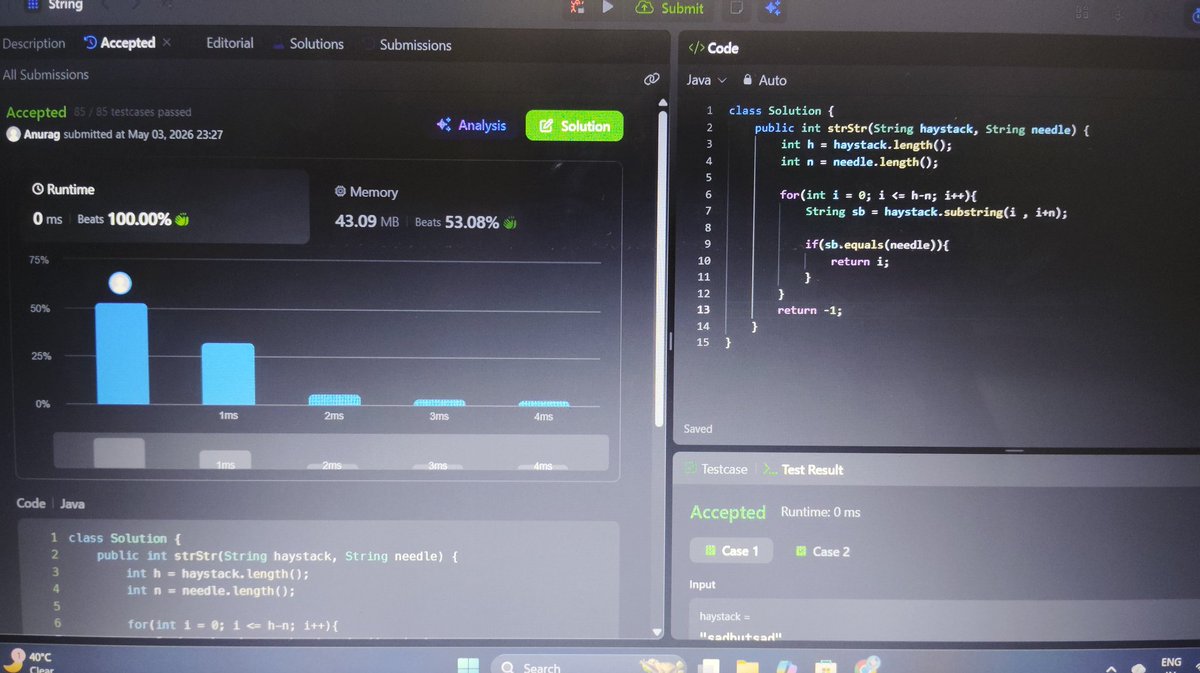 PlacementDiary's tweet image. Day 89✅

DSA:
28. Find the Index of the First Occurrence in a String

Aptitude:
Elementary Statistics — completed

English:
Spoken practice

One step at a time.

#Day89 #LearningInPublic #Consistency