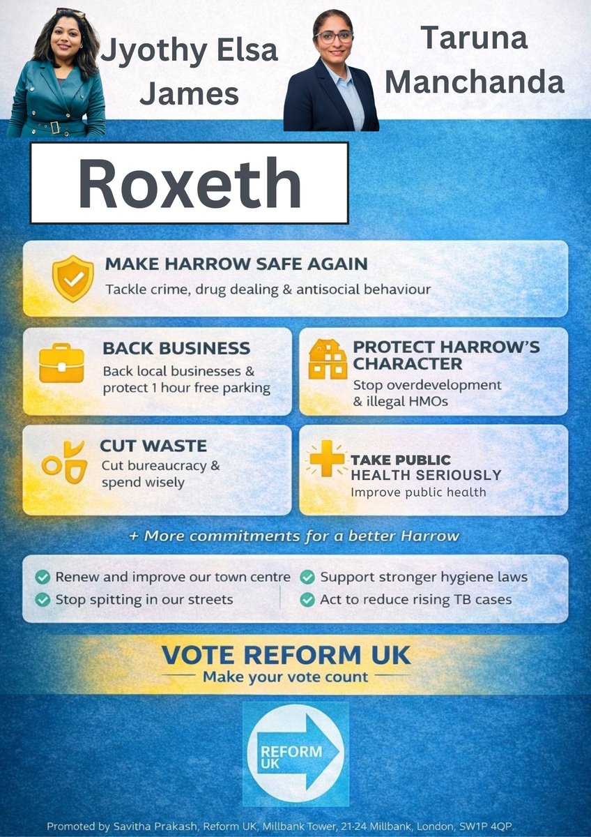 HarrowReformUK's tweet photo. TIME FOR REFORM 
JYOTHY ELSA JAMES &amp; TARUNA MANCHANDA, candidates for Roxeth🇬🇧
#ReformUK #roxeth #Harrow #London #politics #hope #TimeForReform https://t.co/VXZzqJuiRq