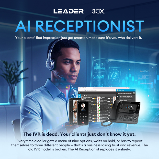 LeaderComputers's tweet image. Hot take: most businesses are losing clients before the first conversation even starts.

Menus. Hold time. Repeating yourself three times.

The AI Receptionist from 3CX kills all of that.

Your callers deserve better than IVR from 2004.

#3CX #AIReceptionist #VoIP #BusinessTech