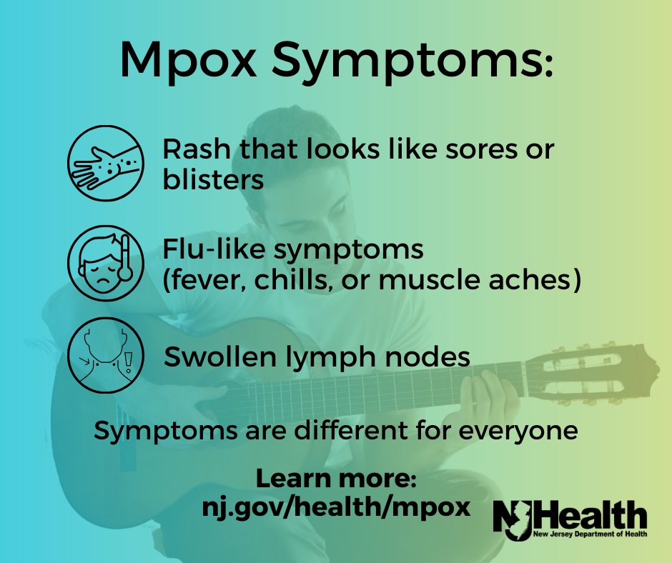 NJDeptofHealth's tweet image. #DYK that mpox symptoms include a rash that looks like sores or blisters, flu-like symptoms, and swollen lymph nodes. Learn more about mpox: nj.gov/health/mpox #HealthierNJ #MPOX