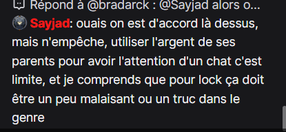 AAgentconnor's tweet photo. @jedraguetasoeur #Locklear #locklear Que il sois majeur ou non que ses parents sois riche ou non donner autant d'argent pour avoir de l'attention je trouve cela triste mais le plus triste c'est de rentré dans sont jeu et lui donner le titre de VIP et de donner a des gros stremeurs déja trés riche https://t.co/nIhMou0Cgs