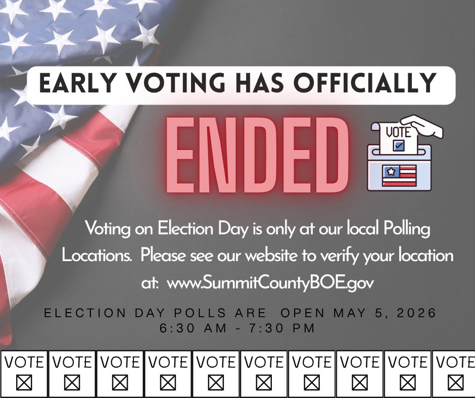 SummitCountyBOE's tweet photo. Early Voting on Tallmadge Avenue is officially closed.

Please visit our website to find your local polling location for Tuesday, May 5, 2026 at https://t.co/FOiMeV4ztY. https://t.co/jPsbi94xLI