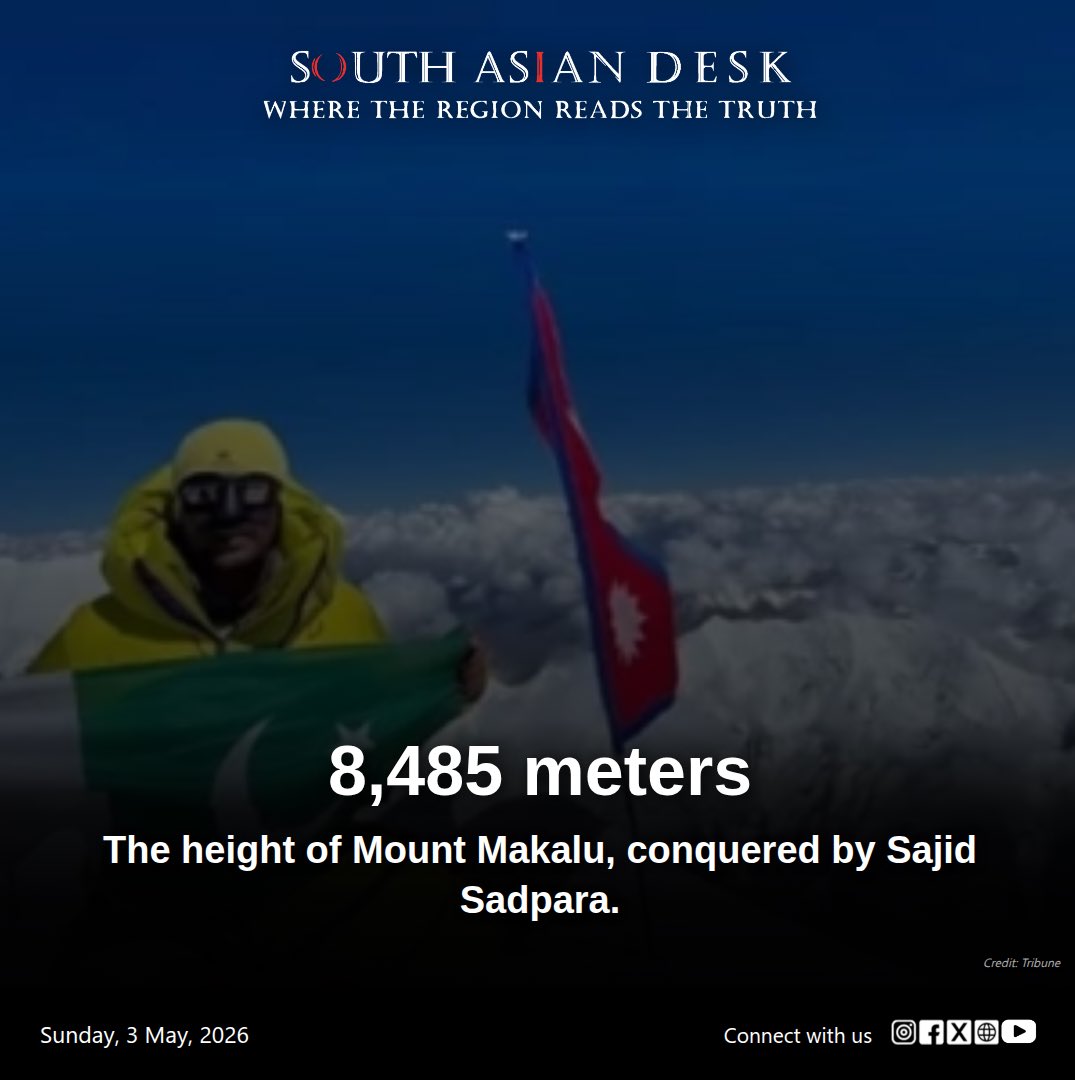 SouthAsianDesk's tweet image. Sajid Ali Sadpara scales Mount Makalu, the fifth-highest peak, showcasing Pakistan's mountaineering prowess.

Disclaimer: This post is for informational purposes only and does not represent any institutional or governmental stance.

#SajidSadpara #PakistanPride #Mountaineering
