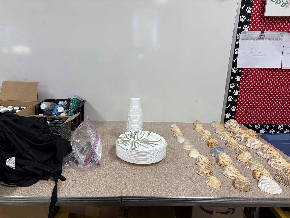 JAnnTeacher's tweet image. Went to school and set everything up for the students to make gifts for Mother’s Day or someone special in their lives. We’re going to paint shells and make soap. Excited to see their creations. #MothersDay #Gifts #Students