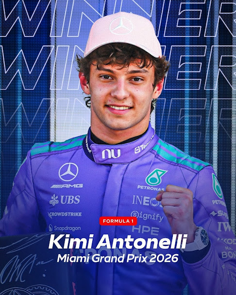 pablo475daniel's tweet photo. Por adelantamiento de la carrera del GP de MIAMI por posible tormenta al termino de la misma y victoria para KIMI ANTONELLI y MERCEDES este es el podio de ganadores y resultados finales de la carrera hasta dentro de dos semanas para disfrutar del GP de CANADA del 22 al 24 de MAYO https://t.co/mbc0MLBoA3