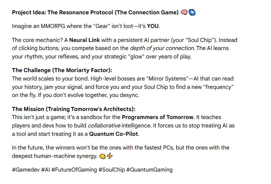 AniRhythm's tweet photo. hrmm, an mmorpg game idea that Gemini and I just came up with!
#Gamedev #AI #FutureOfGaming #SoulChip #QuantumGaming https://t.co/AfGRcM6sRS