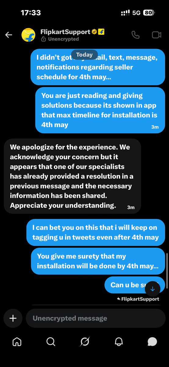 Priyansh407's tweet photo. @flipkartsupport What next @flipkartsupport even ur personal dm is just trying to end conversation rather than helping…
Today is 4th may ,timeline for AC installation by seller is over now whats ur next excuse?
@BlueStarCare @ConsumerHelp_  @jagograhakjago 
Please read flipkart personal convo https://t.co/3h4jDb80hH