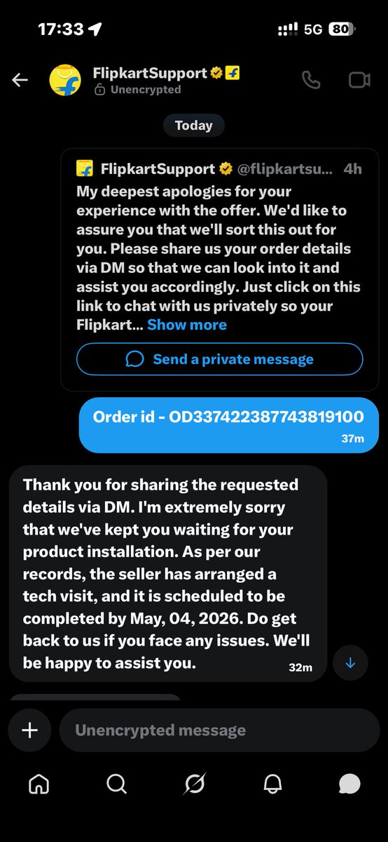 Priyansh407's tweet photo. @flipkartsupport What next @flipkartsupport even ur personal dm is just trying to end conversation rather than helping…
Today is 4th may ,timeline for AC installation by seller is over now whats ur next excuse?
@BlueStarCare @ConsumerHelp_  @jagograhakjago 
Please read flipkart personal convo https://t.co/3h4jDb80hH