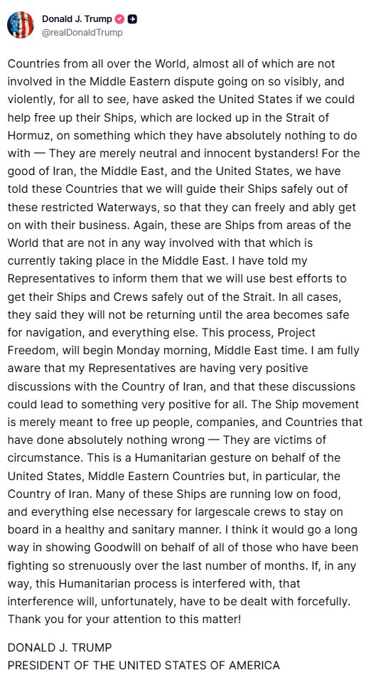 biancoresearch's tweet image. Big news from Trump about 20 minutes ago (and ~90 minutes before the market reopens on Sunday night in Asia): 

The US will start Naval Escorts called "Operation Protect Freedom" tomorrow!

As I noted in the repost below (from Friday), the US was "stuck" until the circumstances