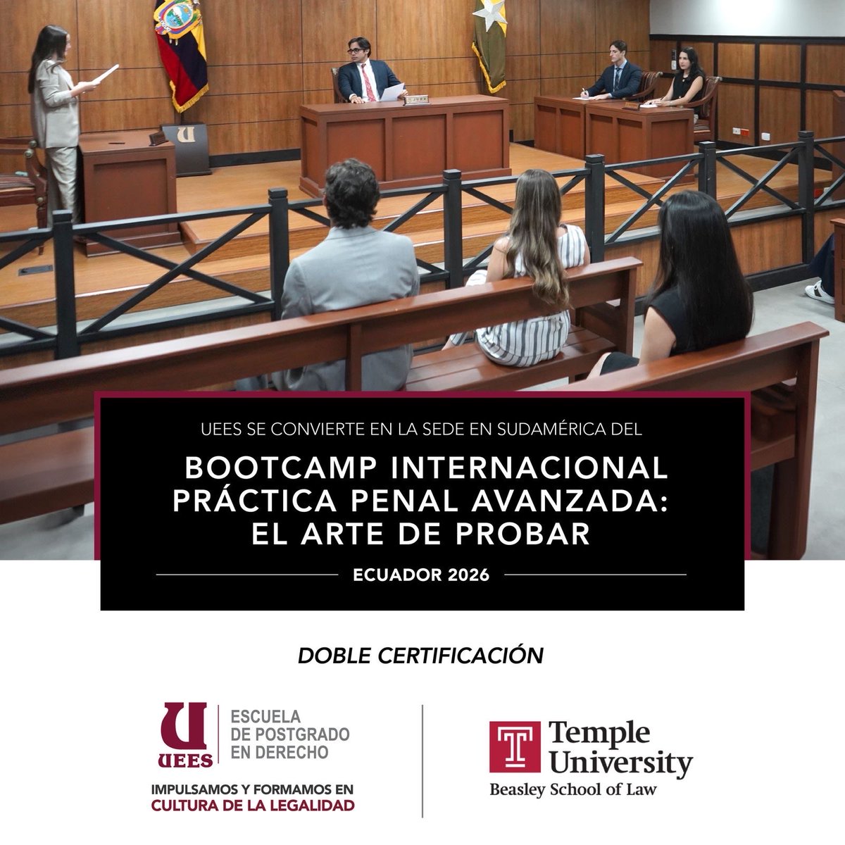uees_ec's tweet photo. ⚖️ De la teoría a las audiencias reales. Bootcamp Internacional: “Práctica Penal Avanzada: El Arte de Probar”.

⏳ 50 horas certificadas por @TempleLaw 🇺🇸 y #UEES 🇪🇨 

📍Híbrido / Entrenamiento desde el campus #UEES

🗓️ Inicio: 2 de junio

🔗 Inscripciones: https://t.co/kc6rHoGiMg