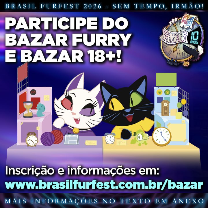 BrasilFurFest's tweet photo. 🛍 BAZAR FURRY – Brasil FurFest 2026 🛍

Quer vender na BFF? Então se liga 👇

📅 Inscrições
•  até 10 de maio às 23:59
🔗 Registre sua mesa:
https://t.co/iD893OUWBZ
---
📍 Bazar Furry (principal)
• 📅 18 de julho
• 🕙 Das 10:00 às 14:00
🪑 Mesas
• 36 mesas simples
• 6 mesas duplas
A BFF pode vender apenas mesas simples, dependendo da demanda de pedidos
💰 Valores
• Mesa simples: R$ 150
• Mesa dupla: R$ 300
---
🌙 Bazar 18+
 📅 Madrugada de 18 para 19 de julho
• 🕛 00:00 às 02:00
🪑 Mesas 18+
• 12 mesas simples
💰 Valor
• Mesa simples: R$ 150
---
📏 Tamanho da mesa
• 175 cm (largura)
• 57 cm (profundidade)
• 74 cm (altura)
---
⚠️ Importante
• As mesas são escolhidas por curadoria
• O staff avalia os portfólios antes de aprovar
---
⏳ Resumo rápido
👉 Quer vender? Se inscreve no prazo
👉 Escolhe simples ou dupla
👉 Capricha no portfólio

Brasil FurFest
Amigos para Sempre