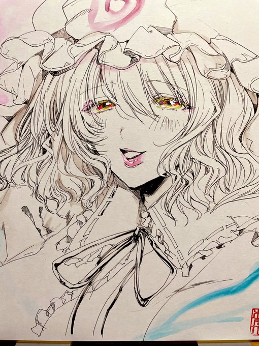 おはようございます 例大祭用の色紙を改めて描きました 今日は十数年ぶりに大好きな友達に会えるみたいなので、友達がコスプレをしてる幽々子様も描きました……!