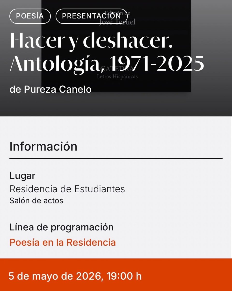 Catedra_Ed's tweet photo. 🎉 Celebramos la publicación de la antología “Hacer y deshacer” de Pureza Canelo con una presentación en la Residencia de Estudiantes el próximo martes, 5 de mayo, a las 19h (entrada libre hasta completar aforo). https://t.co/n9Z3V17Kcn