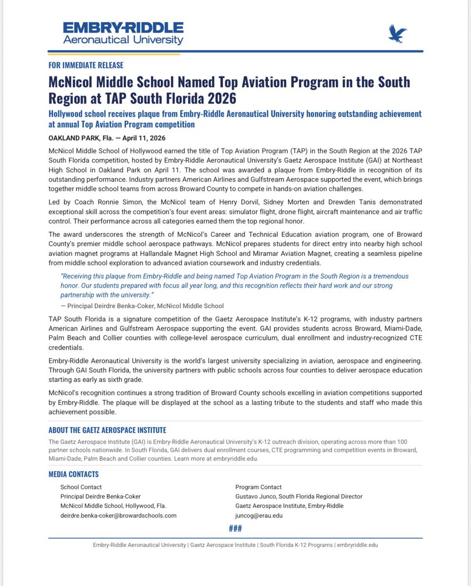 McNicolHawkLife's tweet photo. McNicol Middle School takes flight! Proud to be named Top Aviation Program in the South Region at TAP South Florida 2026, earning recognition from Embry-Riddle for excellence in flight simulation, drones, maintenance &amp; air traffic control. #McNicolPride https://t.co/4L8mqqxPWc