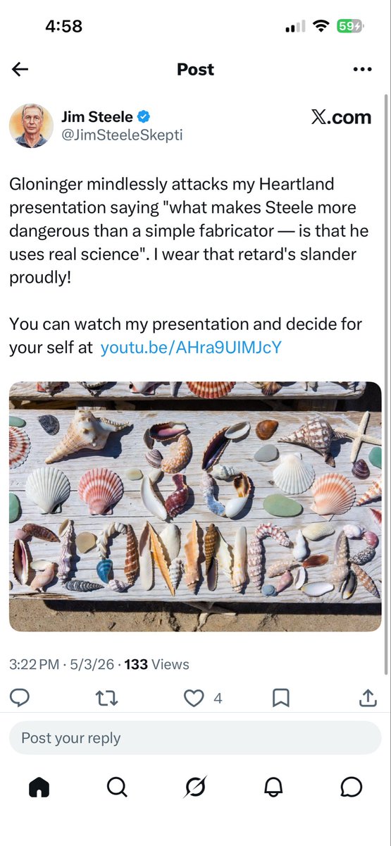 ChrisGloninger's tweet image. Jim Steele just spelled "86 Gloninger" in shells on X.

He knows I received a death threat for my climate work. It's documented. 

I fact-checked his Heartland talk. 20 false claims.

He responded with a threat and a slur. 

#ClimateChange
