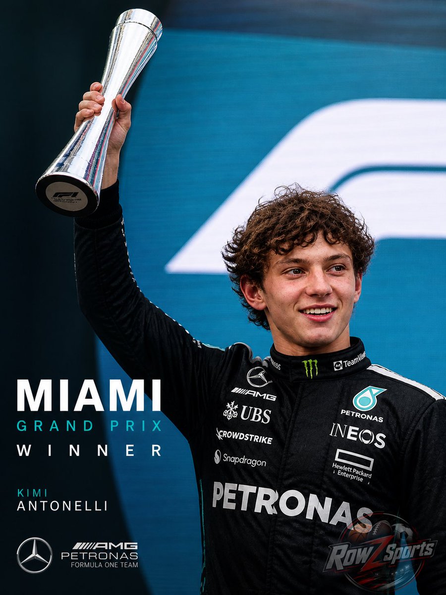 RowZSportTalk's tweet photo. Kimi Antonelli wins the Miami Grand Prix! Long way to go but he’s well on track to become the youngest driver ever to win the drivers championship. 

#F1 https://t.co/cUOCvGfk8O
