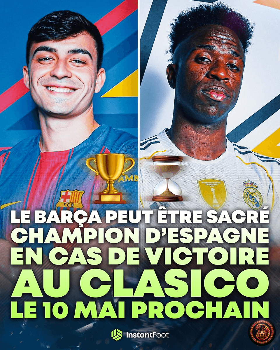 's tweet image. 🚨 𝗕𝗥𝗘𝗔𝗖𝗛𝗜𝗡𝗚  
Barcelona could be crowned champions with a victory in the upcoming Clasico! 🏆🇪🇸 

Mark your calendars for May 10th at Camp Nou! 🍿🔥  
Do you think they can secure the title? 

#Barcelona #Clasico #LaLiga #Champions