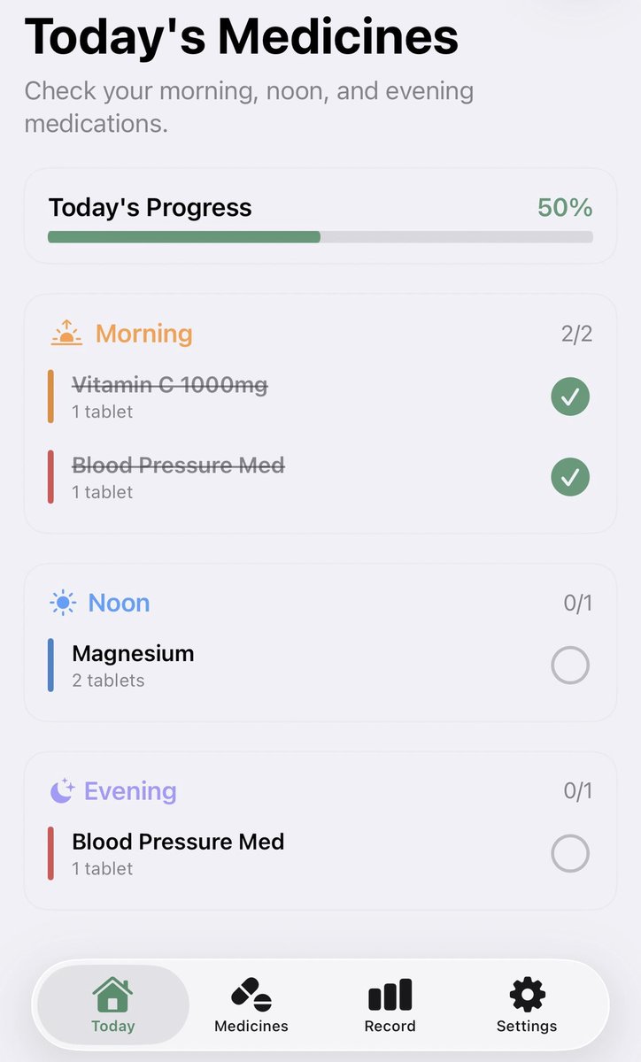 TORANKIRITE_APP's tweet image. Vitamin C &amp;amp; blood Pressure Med in the morning.
Magnesium at noon.

Did I take them today?

I built MediTrack to stop guessing.
Morning, noon, night — all tracked 
with one tap.

Free to download. Link in bio.

#wellness #buildinpublic