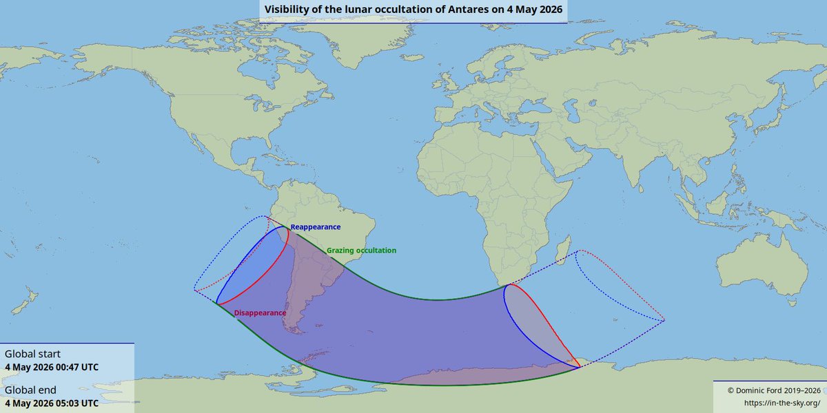 skymaps's tweet image. 🌕 🌟 In a few hours time, Antares the brightest star in Scorpius will be occulted by the waning gibbous Moon. The event starts around 1h UT on 4 May 2026 and will be visible from Antarctica, Argentina, Chile and Bolivia. 🔭
in-the-sky.org/news.php?id=20… 
#stargazing