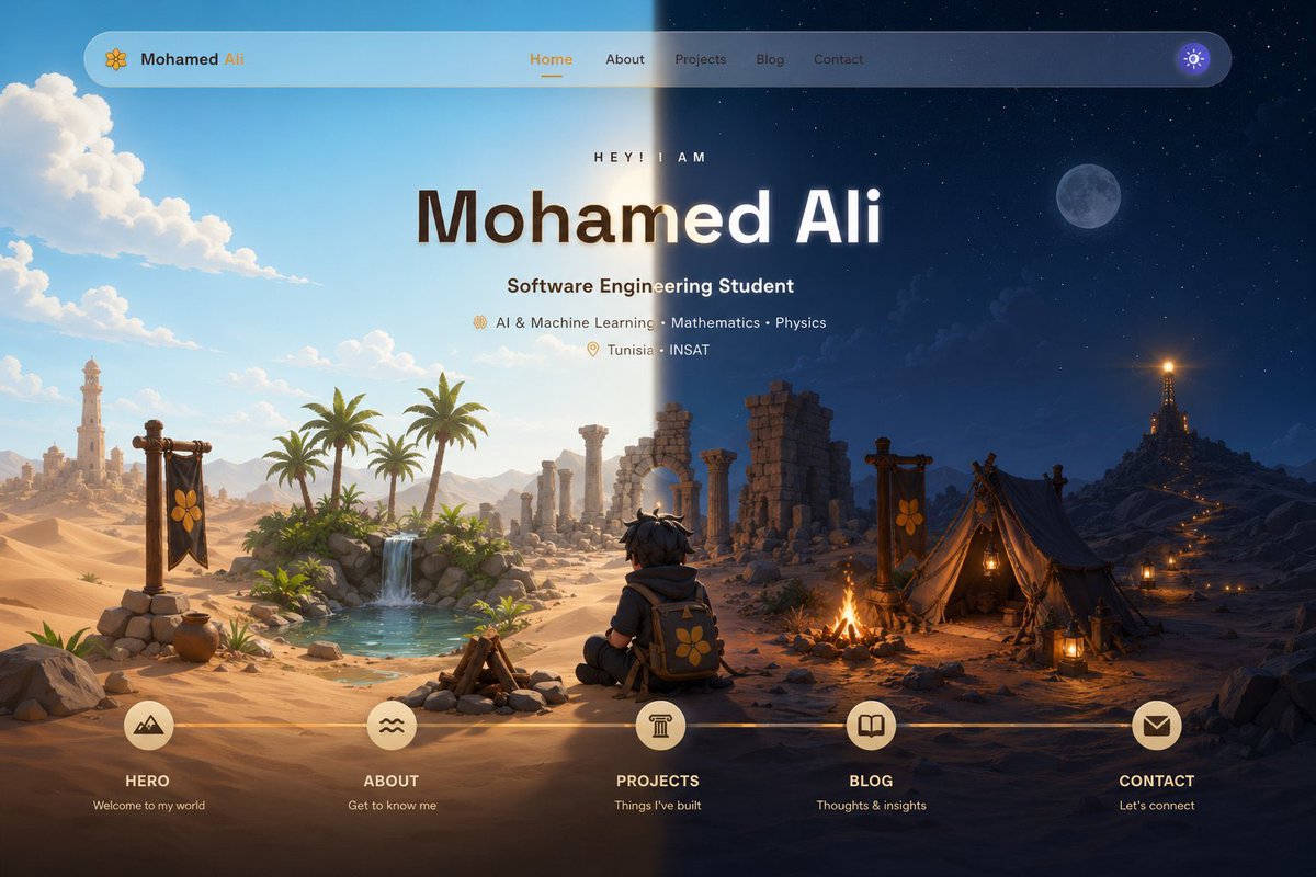 MedAli013b's tweet image. 🚀🚀 Just launched my personal site: Desert Journey Portfolio! 🏜️✨

It’s an immersive, cinematic experience featuring a day/night cycle and some hidden secrets. 

🌌 Explore my journey here: 
👉mohamedali1937.github.io

#Portfolio #AI #WebDesign