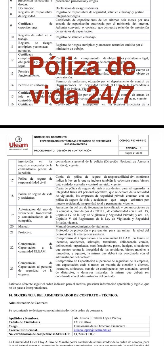 FENASPE1's tweet photo. 🚨#ALERTA 
CONTRATACIÓN SEGURIDAD PRIVADA @UleamEcuador 5M$🚨
🚨Inconsistencias TDRS ⬇️
👉Evaden CATÁLOGO con puestos SIN ARMA 🤔
👉Presupuesto📈
👉Pólizas de vida debe ser 24/7
👉Chalecos antibalas con norma caduca. Riesgo vida #Guardia☠️ 
@SERCOPec 🔎MONITOREO/CONTROL
#Manta🆘 https://t.co/3O3kqhxPtc