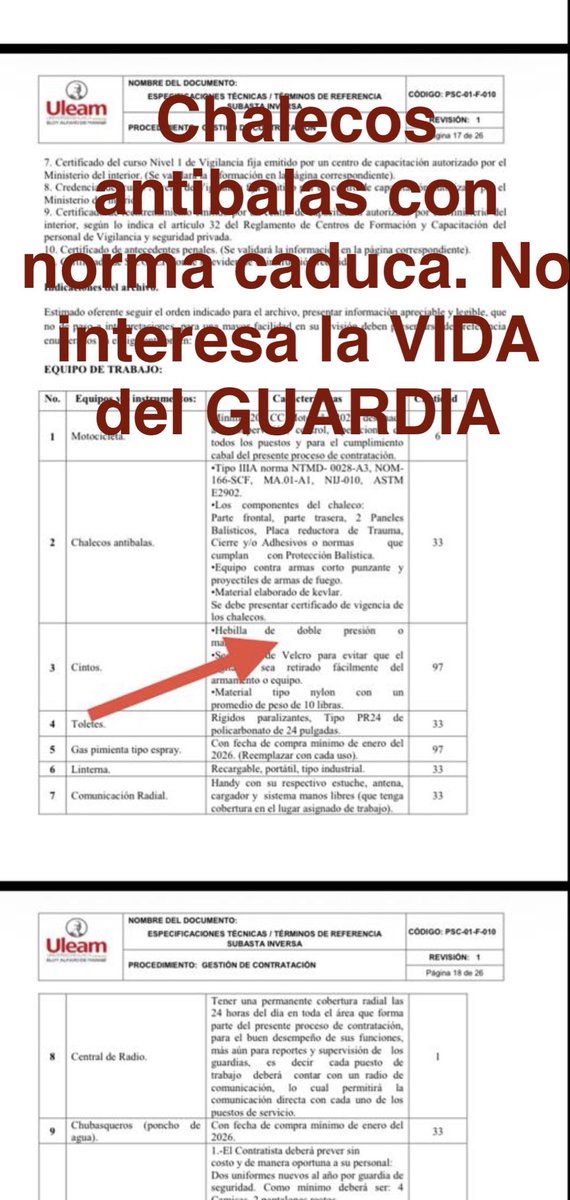 FENASPE1's tweet photo. 🚨#ALERTA 
CONTRATACIÓN SEGURIDAD PRIVADA @UleamEcuador 5M$🚨
🚨Inconsistencias TDRS ⬇️
👉Evaden CATÁLOGO con puestos SIN ARMA 🤔
👉Presupuesto📈
👉Pólizas de vida debe ser 24/7
👉Chalecos antibalas con norma caduca. Riesgo vida #Guardia☠️ 
@SERCOPec 🔎MONITOREO/CONTROL
#Manta🆘 https://t.co/3O3kqhxPtc