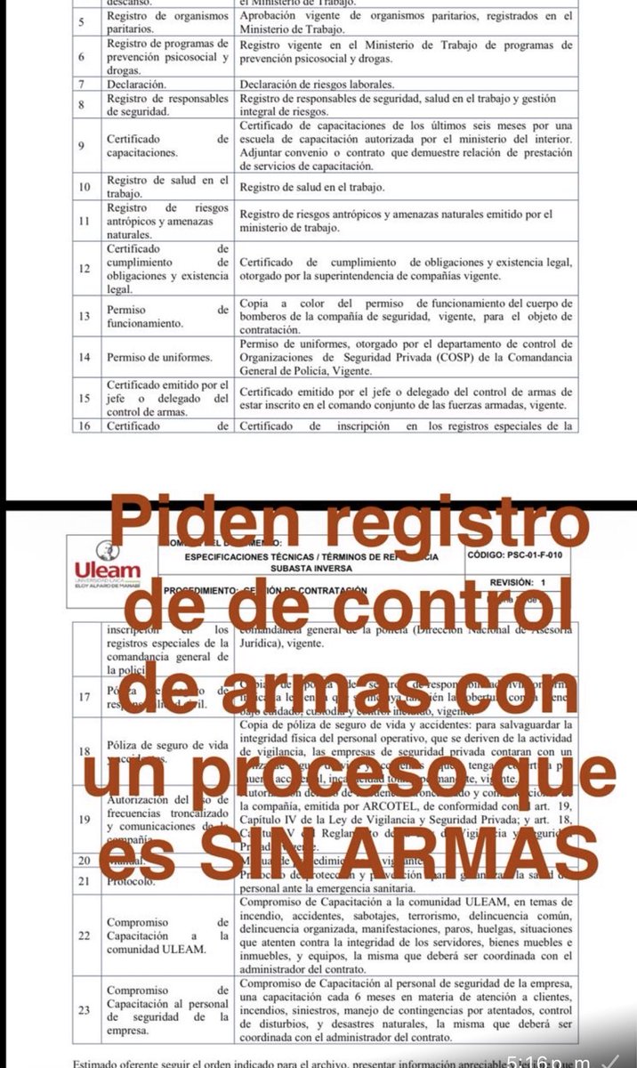 FENASPE1's tweet photo. 🚨#ALERTA 
CONTRATACIÓN SEGURIDAD PRIVADA @UleamEcuador 5M$🚨
🚨Inconsistencias TDRS ⬇️
👉Evaden CATÁLOGO con puestos SIN ARMA 🤔
👉Presupuesto📈
👉Pólizas de vida debe ser 24/7
👉Chalecos antibalas con norma caduca. Riesgo vida #Guardia☠️ 
@SERCOPec 🔎MONITOREO/CONTROL
#Manta🆘 https://t.co/3O3kqhxPtc