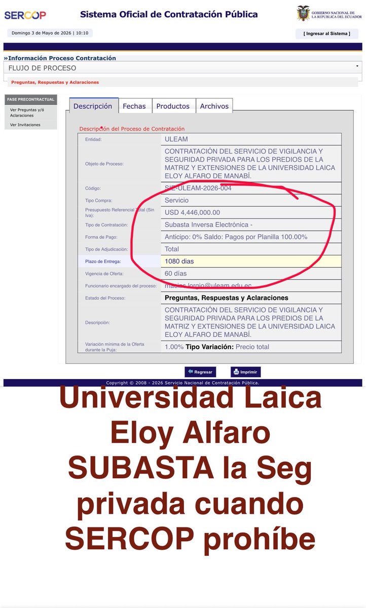 FENASPE1's tweet photo. 🚨#ALERTA 
CONTRATACIÓN SEGURIDAD PRIVADA @UleamEcuador 5M$🚨
🚨Inconsistencias TDRS ⬇️
👉Evaden CATÁLOGO con puestos SIN ARMA 🤔
👉Presupuesto📈
👉Pólizas de vida debe ser 24/7
👉Chalecos antibalas con norma caduca. Riesgo vida #Guardia☠️ 
@SERCOPec 🔎MONITOREO/CONTROL
#Manta🆘 https://t.co/3O3kqhxPtc