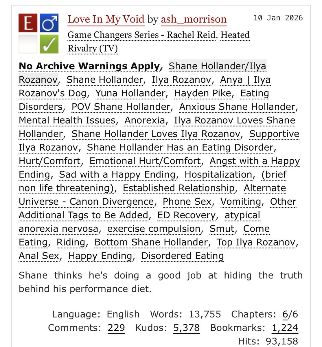 I know there’s been a lot of discourse on Shane’s ED lately. May I present my in depth fic about his struggle with eating disorder and exercise compulsion?

archiveofourown.org/works/72263701…