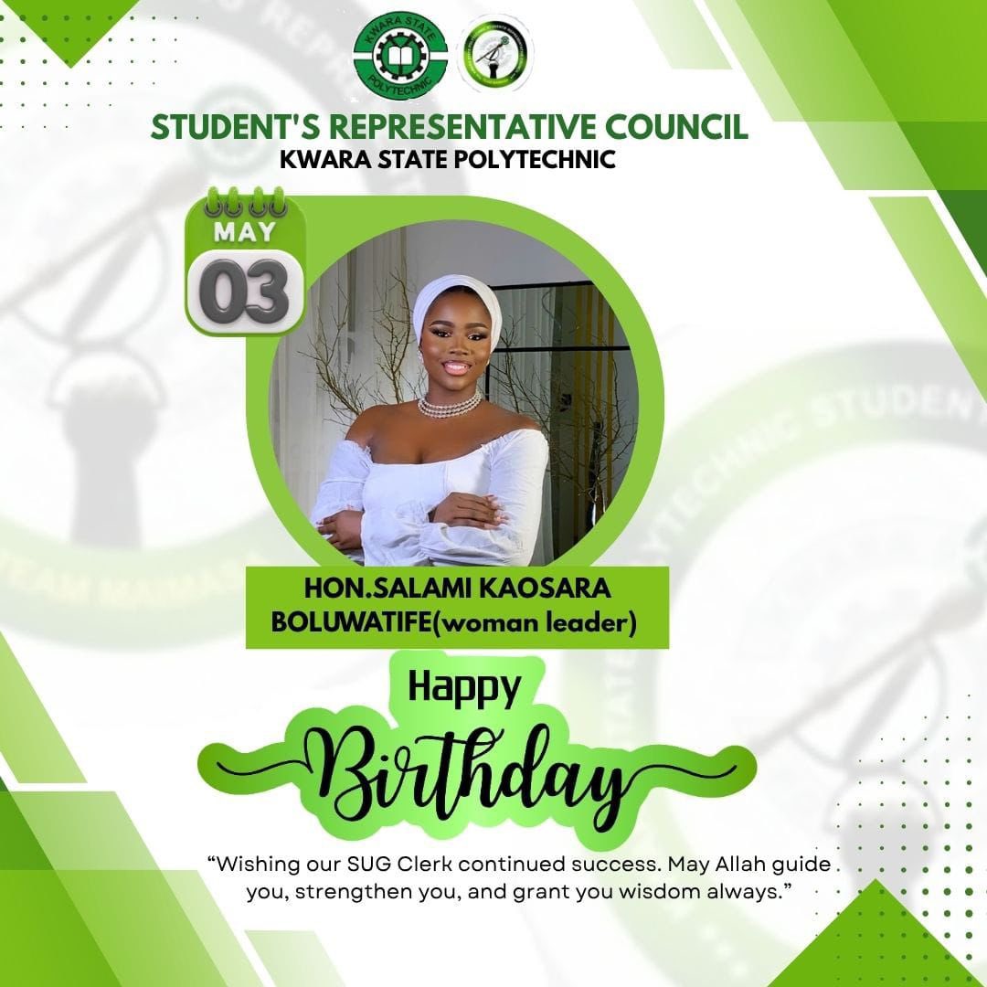 KwarapolySRC's tweet photo. The Students’ Representative Council (SRC) celebrates an outstanding and dedicated individual, Hon. Salami Kaosara Boluwatife, the esteemed Clerk of the Council. https://t.co/vFbU88gb1h
