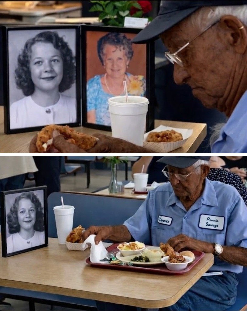 mymixtapez's tweet image. 93-year-old man from Georgia is going viral after photos of him resurfaced, showing him eating lunch next to a picture of his late wife every day: "She’s sitting here too, just a little quiet, that’s all" ❤️